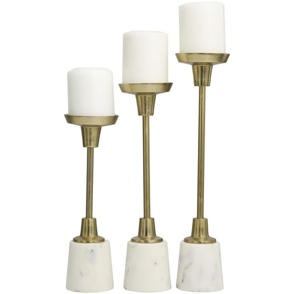 DecMode 3 Candle Gold Aluminum Metal Slim Candle Holder with White Marble Base, Set of 3