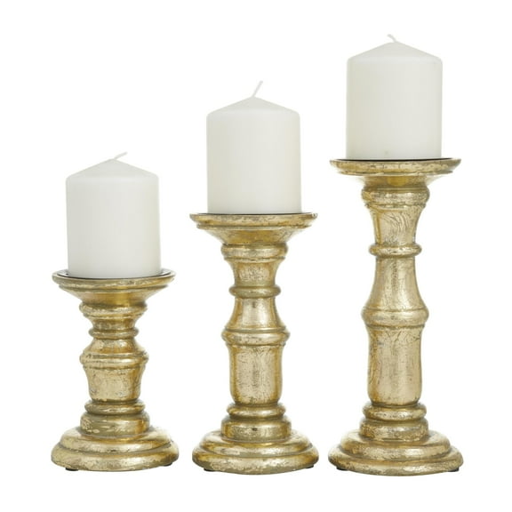 DecMode 3 Candle Gold Mango Wood Turned Style Pillar Candle Holder, Set of 3
