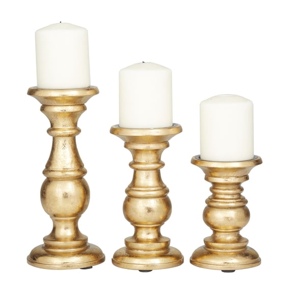 DecMode 3 Candle Gold Mango Wood Turned Style Pillar Candle Holder, Set of 3