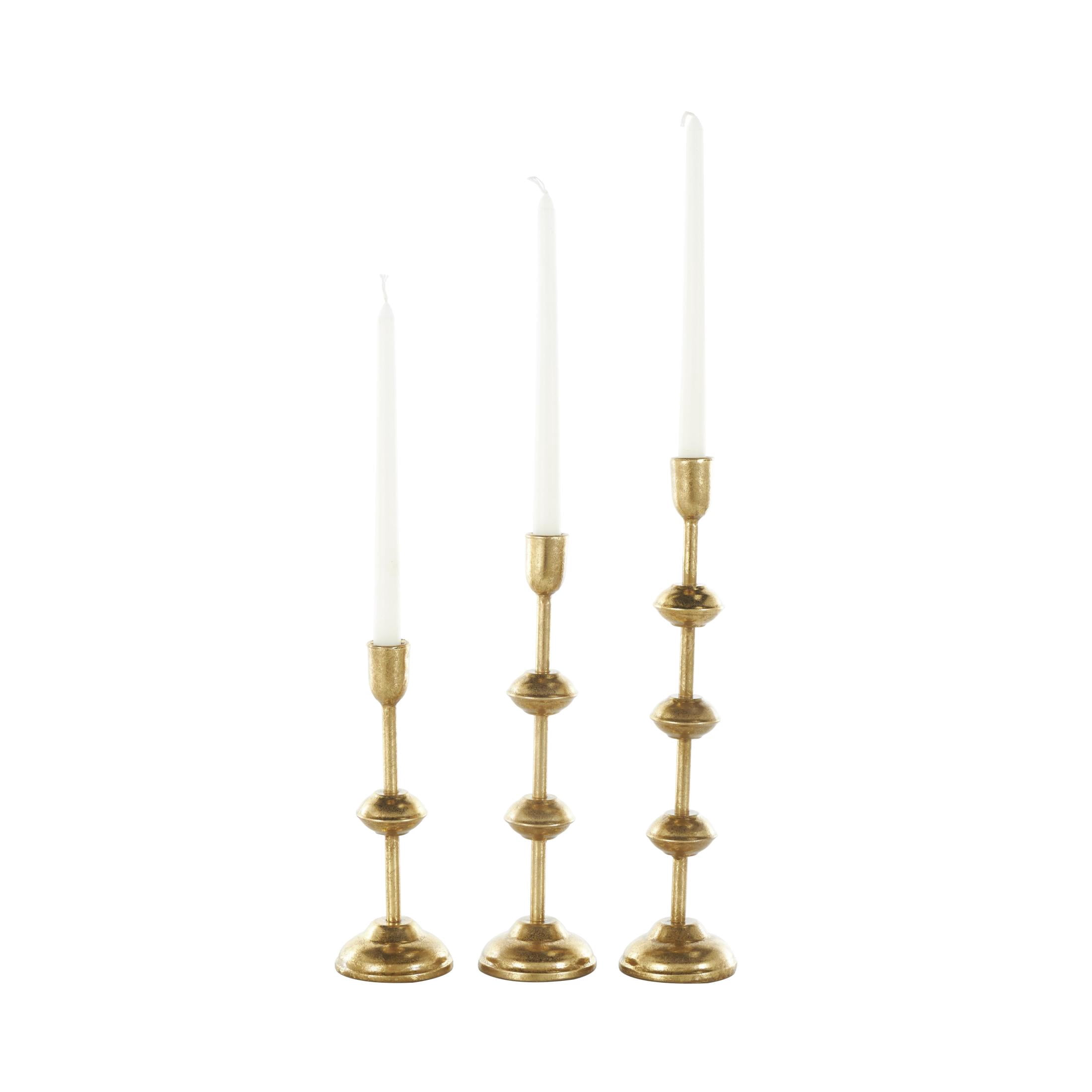 DecMode 3 Candle Gold Metal Slim Candle Holder with Floating Spheres, Set of 3