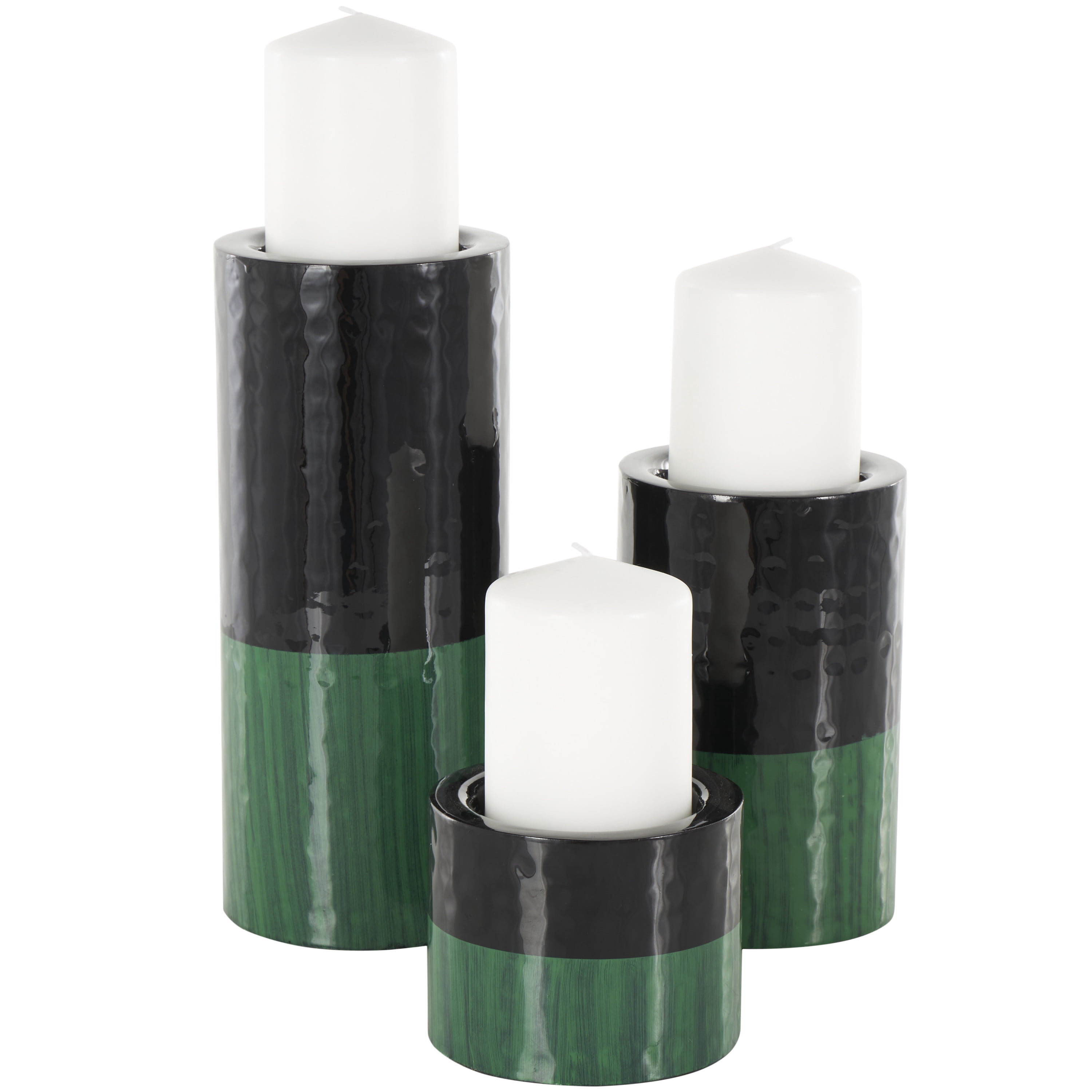 DecMode 3 Candle Green Metal Colorblock Candle Holder with Paint Streak Designs, Set of 3