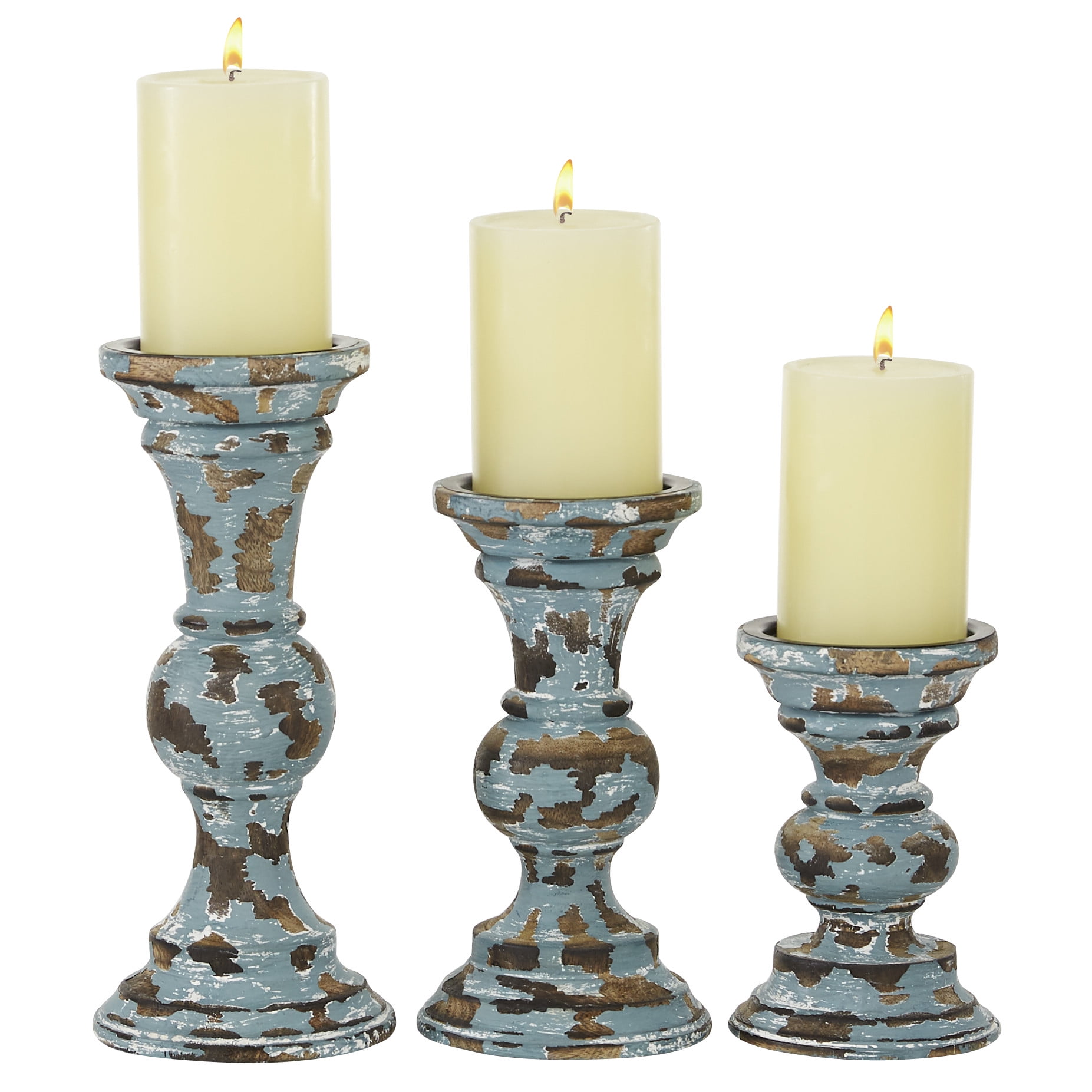 DecMode Traditional Wood Candle Holder, Set of 3 24, 21, 17H with Brown  Distressed Finish 