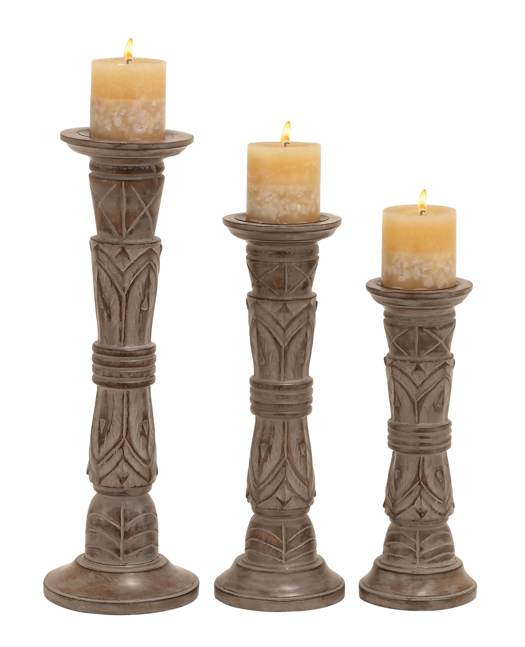 Light Brown Mango Wood Pillar Candle Holders, Set of 3