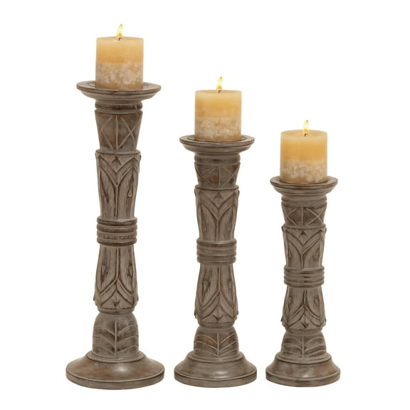 DecMode 3 Candle Light Brown Mango Wood Candle Holder, Set of 3