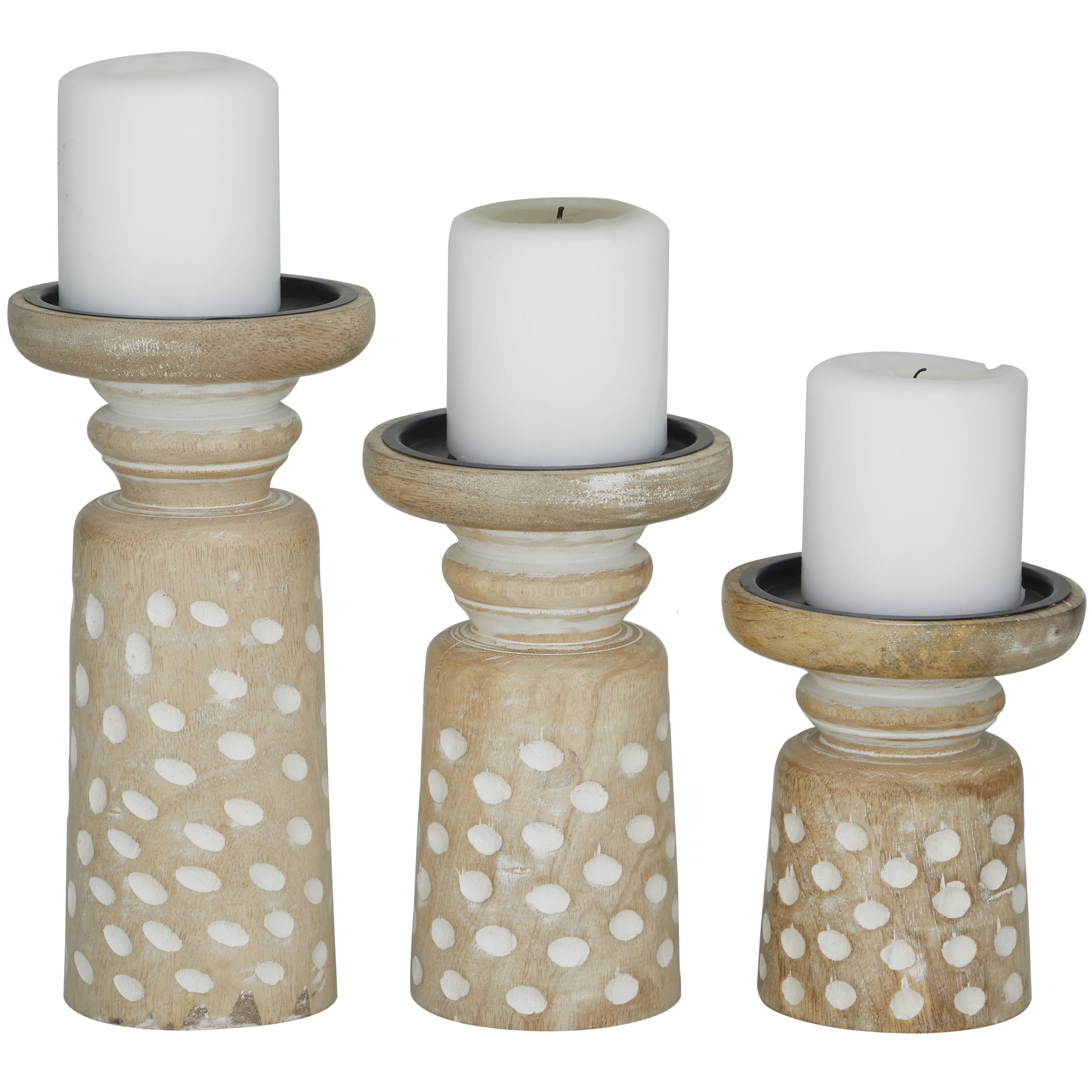 DecMode 3 Candle Light Brown Mango Wood Round Carved Dotted Pillar Candle Holder, Set of 3