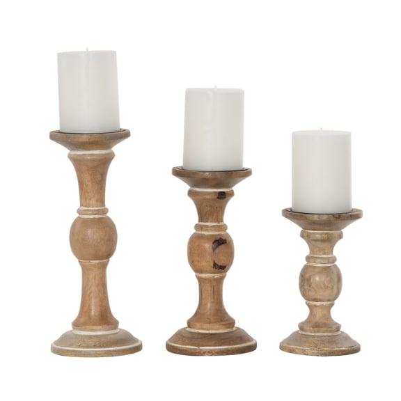 DecMode 3 Candle Light Brown Wood Candle Holder, Set of 3