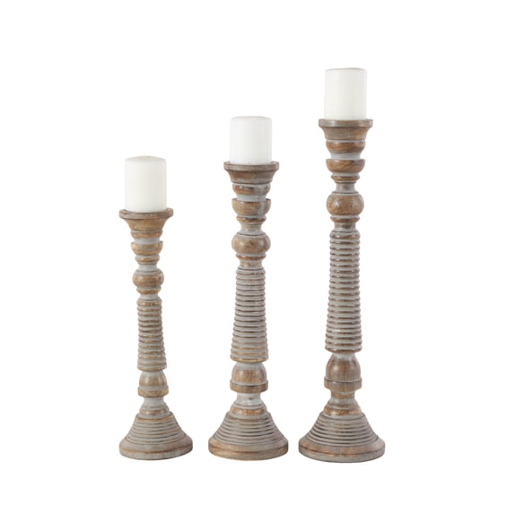 DecMode 3 Candle Light Gray Mango Wood Handmade Candle Holder, Set of 3