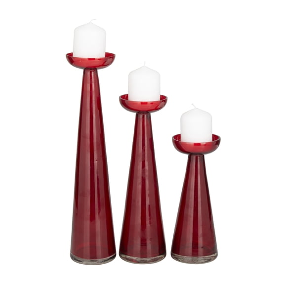 DecMode 3 Candle Red Glass Pillar Candle Holder, Set of 3