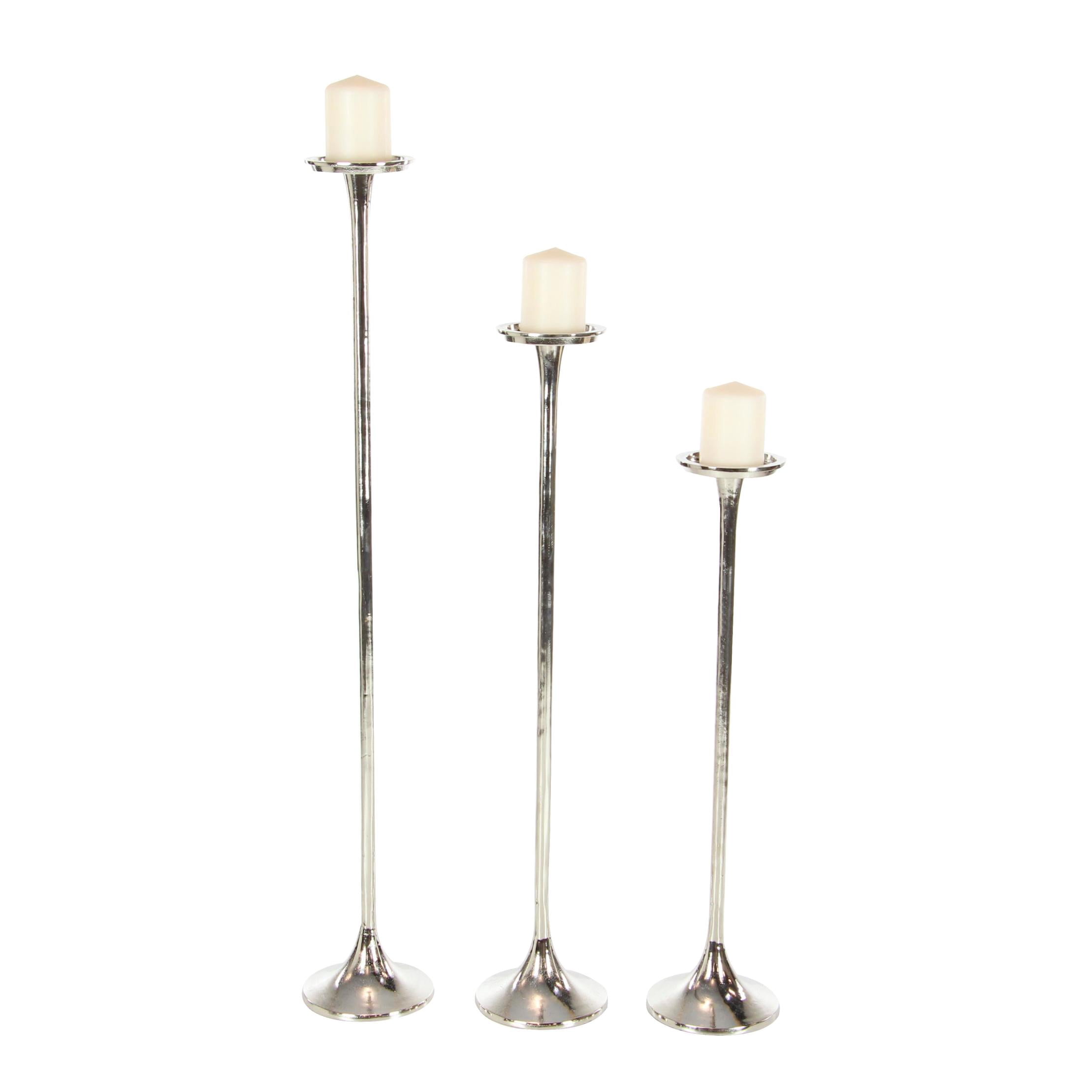 DecMode 3 Candle Silver Aluminum Metal Tall Candle Holder, Set of 3