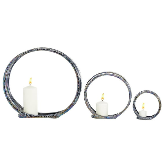 DecMode 3 Candle Silver Ceramic Pillar 3 Plate Candle Holder, Set of 3