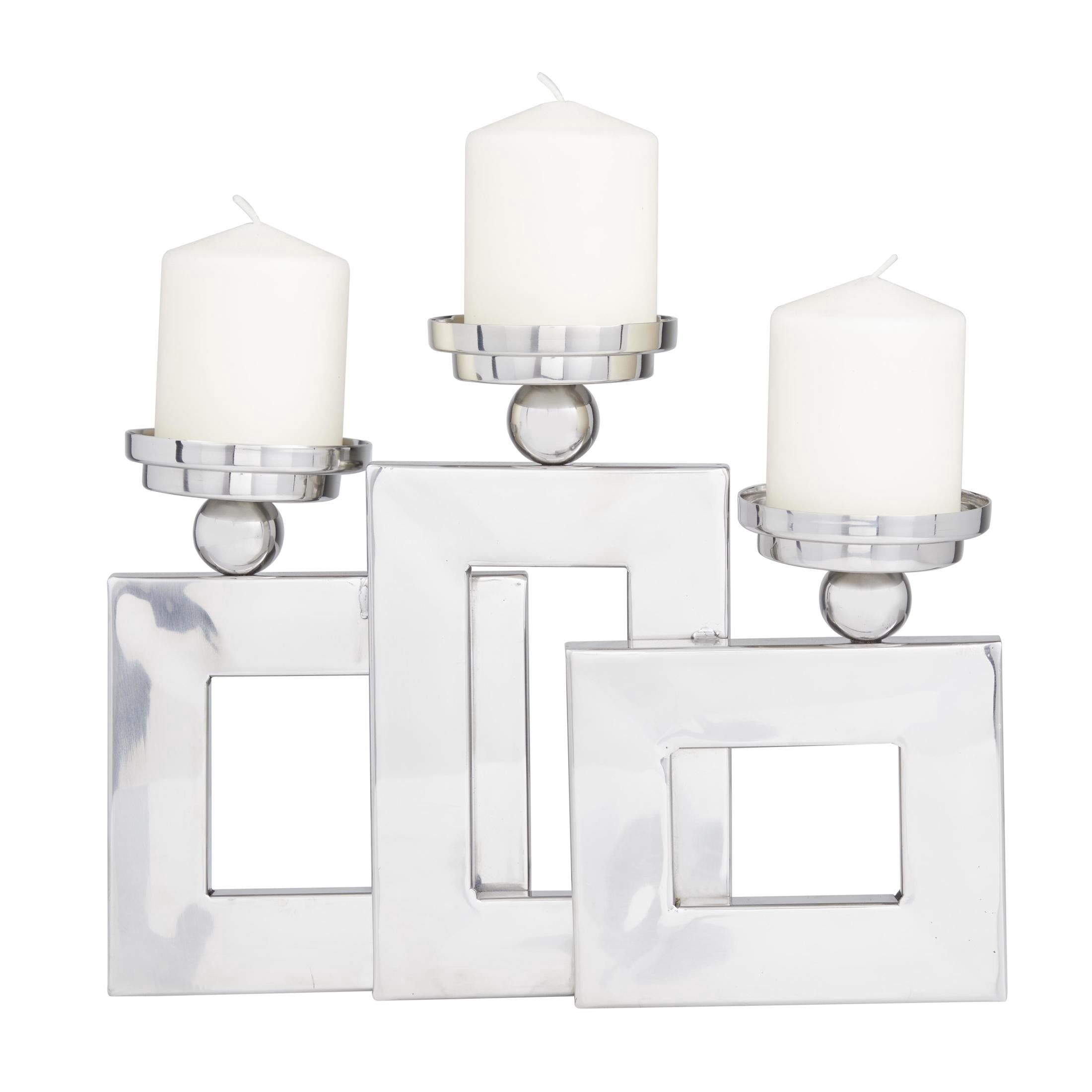 DecMode 3 Candle Silver Stainless Steel Metal Pillar 3 Plate Candle Holder