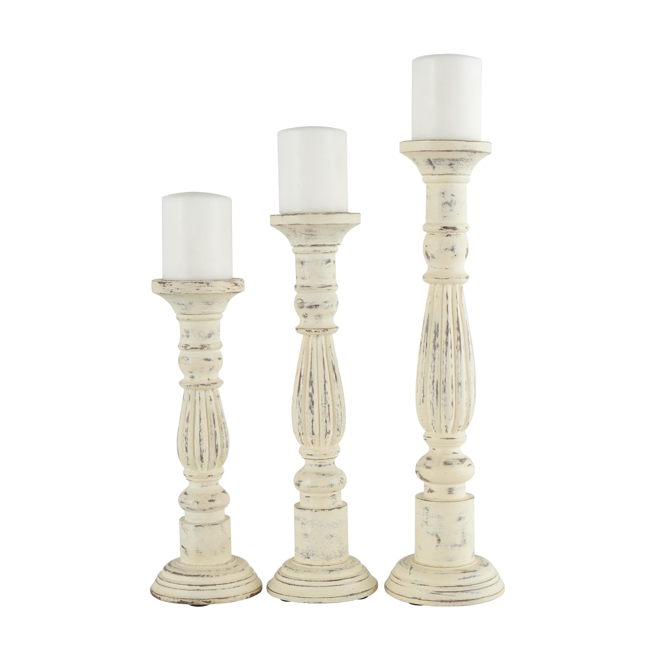 DecMode 3 Candle White Mango Wood Tall Distressed Turned Candle Holder, Set of 3