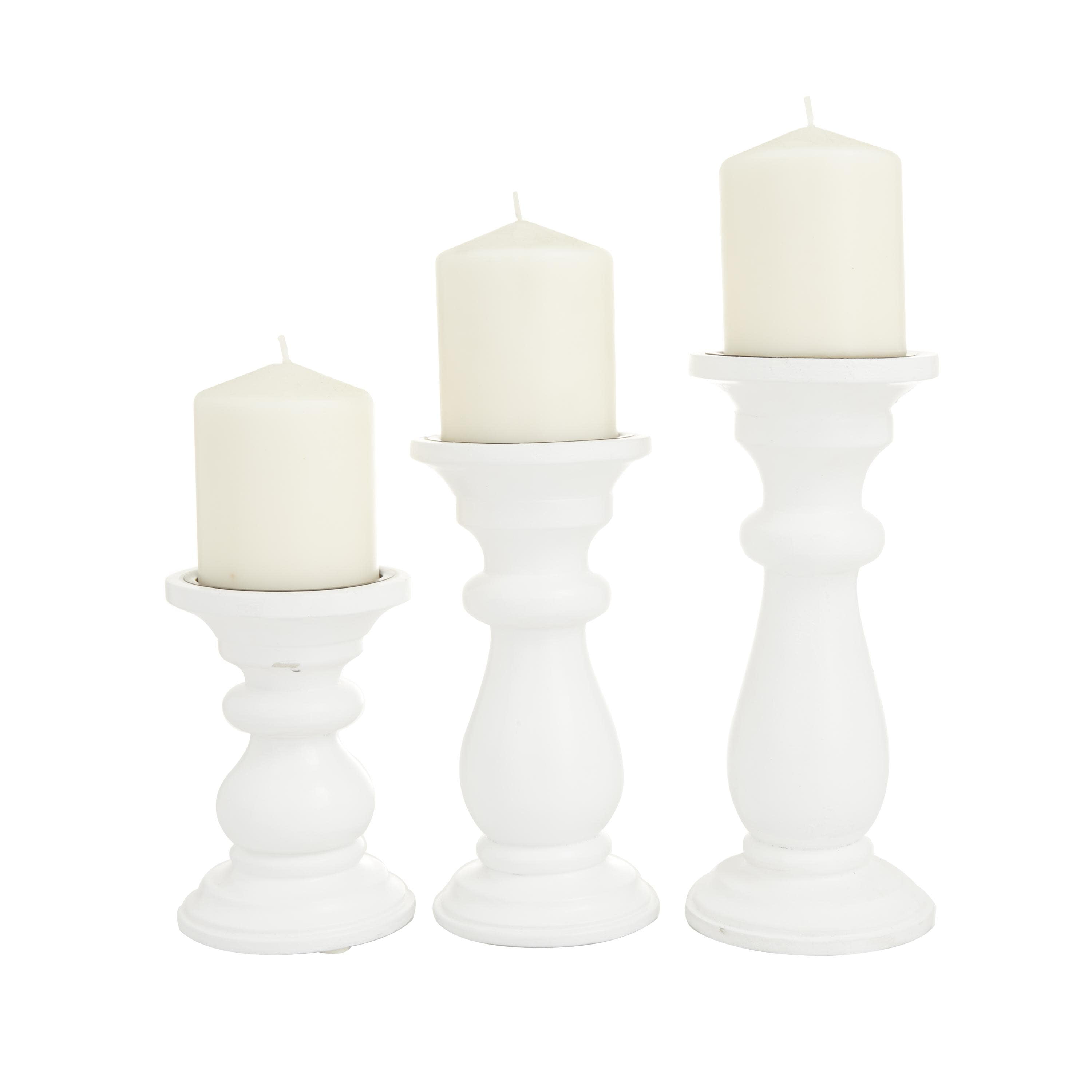 DecMode 3 Candle White Mango Wood Turned Style Pillar Candle Holder, Set of 3