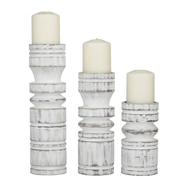 Set Of 2 Distressed Wood Candle Holders – White, 7” & 6” H, Vintage Style