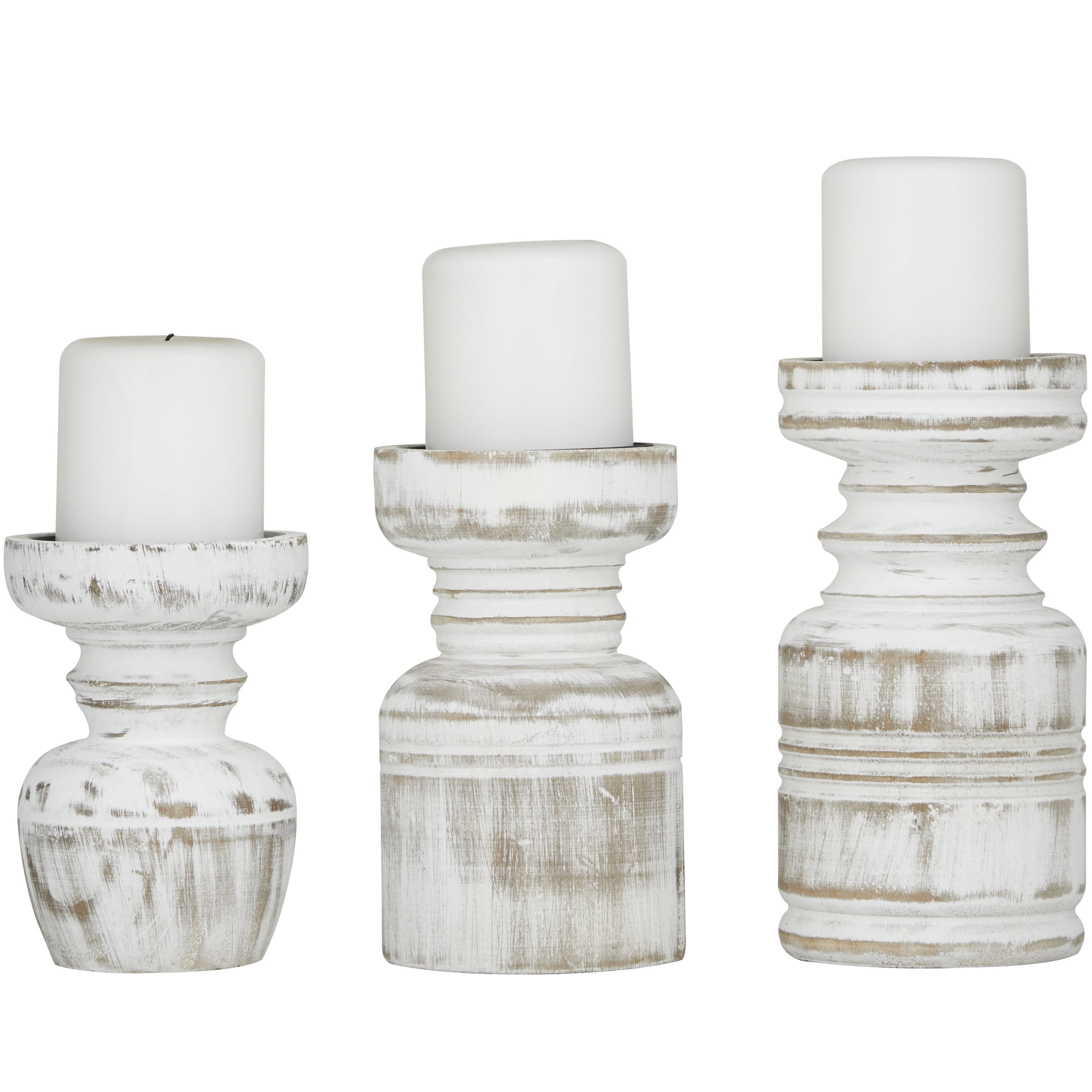 DecMode 3 Candle White Wood Distressed Pillar Candle Holder, Set of 3