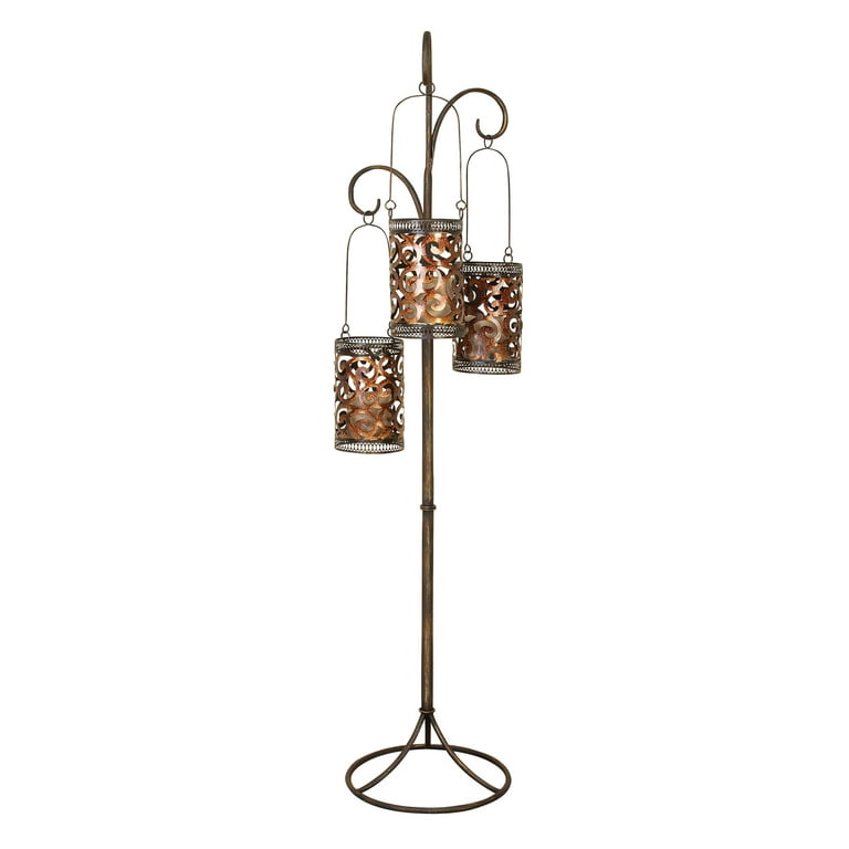 DecMode 3 Holder Brass Metal Scroll Perforated Moroccan Standing Floor Candle Lantern with 3 Suspended Holders