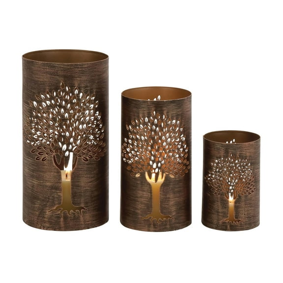 DecMode 3 Holder Copper Metal Tree Cutout Decorative Candle Lantern, Set of 3