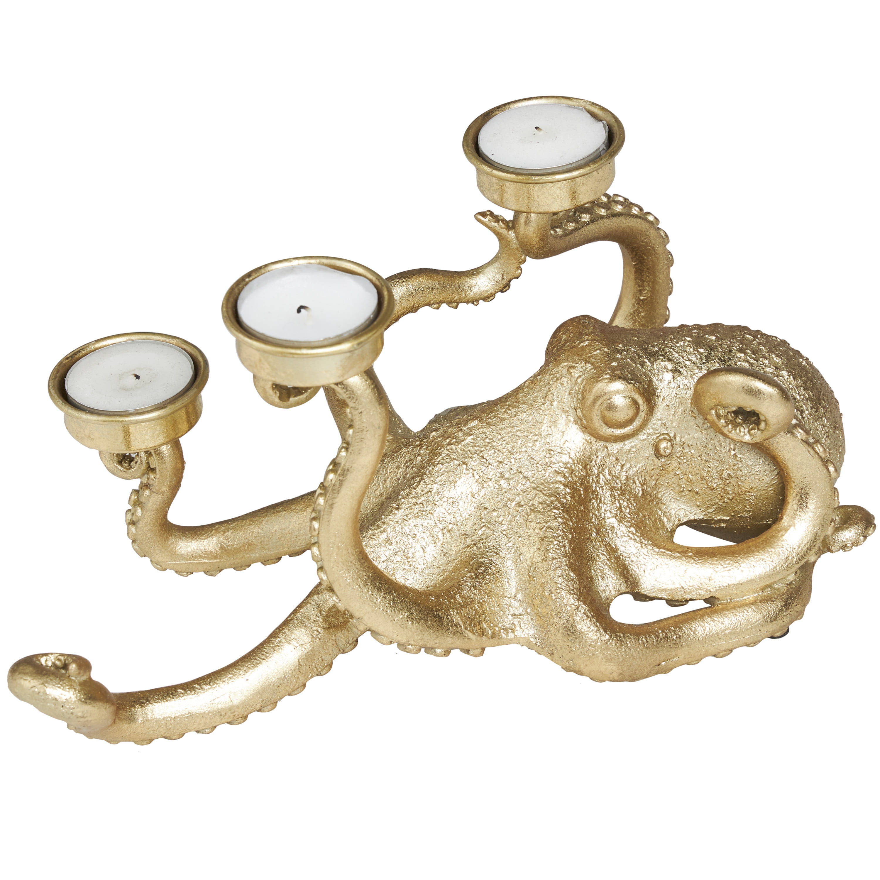 DecMode 3 Holder Gold Polystone Octopus Textured Candelabra with Tentacle Candle Slots