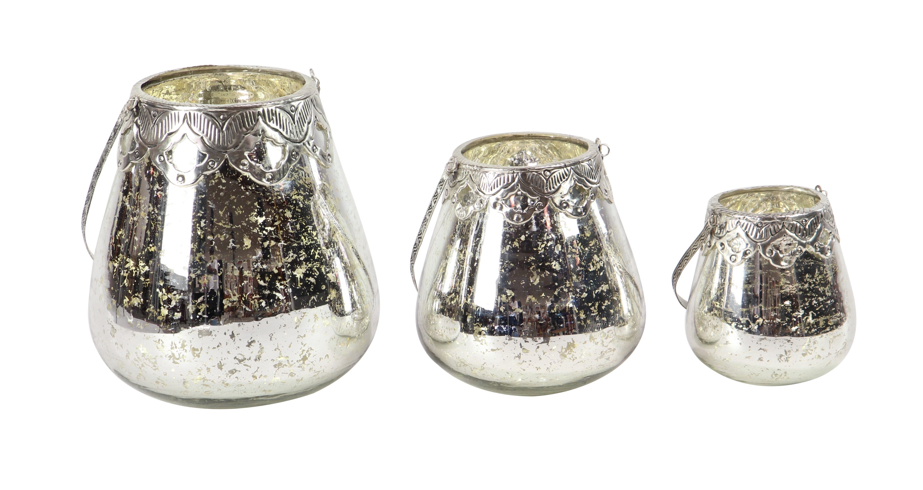DecMode 3 Holder Silver Glass Decorative Candle Lantern, Set of 3