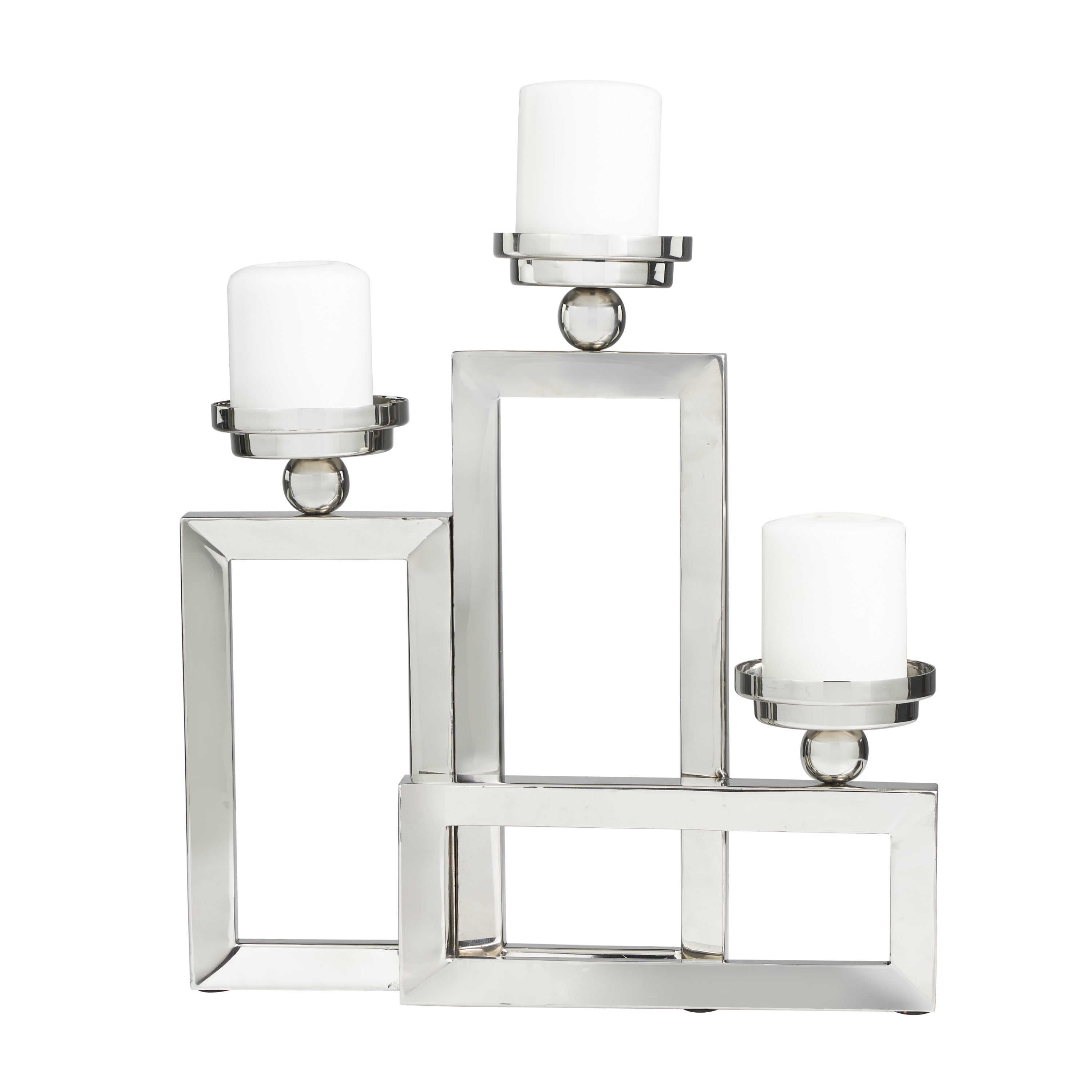 DecMode 3 Holder Silver Stainless Steel Geometric Open Frame Candelabra with Various Rectangles