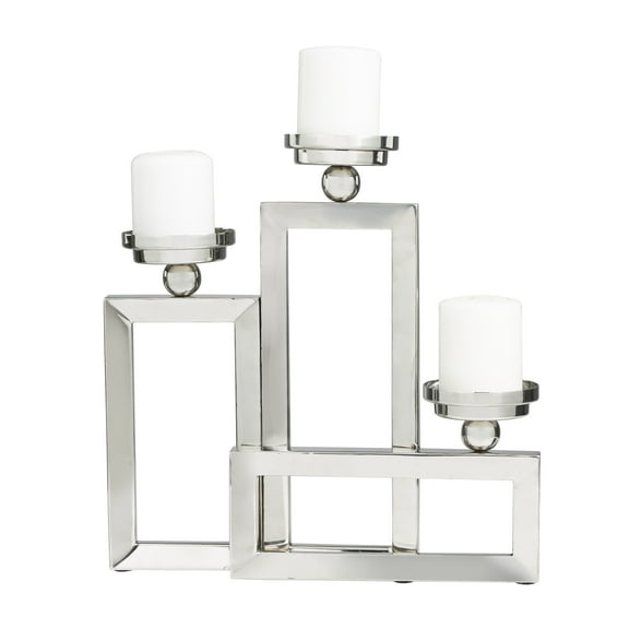 DecMode 3 Holder Silver Stainless Steel Geometric Open Frame Candelabra with Various Rectangles