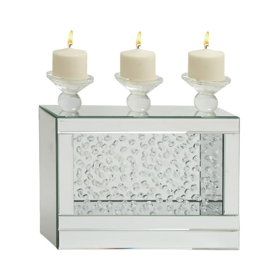 DecMode 3 Holder Silver Wood Pillar Candelabra with Mirrored Accents and Crystals