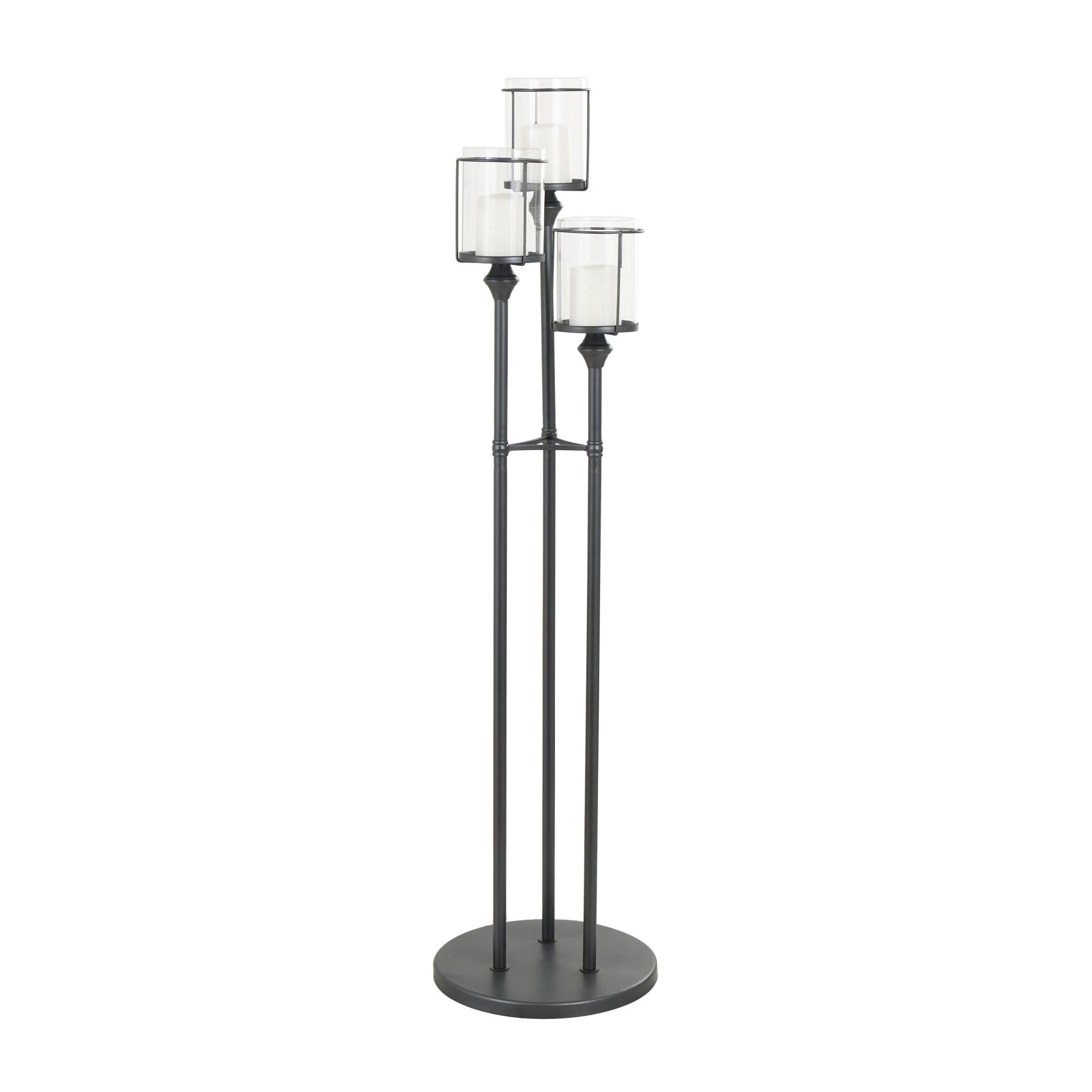DecMode 3-Slot Black Metal Tall Floor Hurricane Lamp with 3 Posts and Round Base