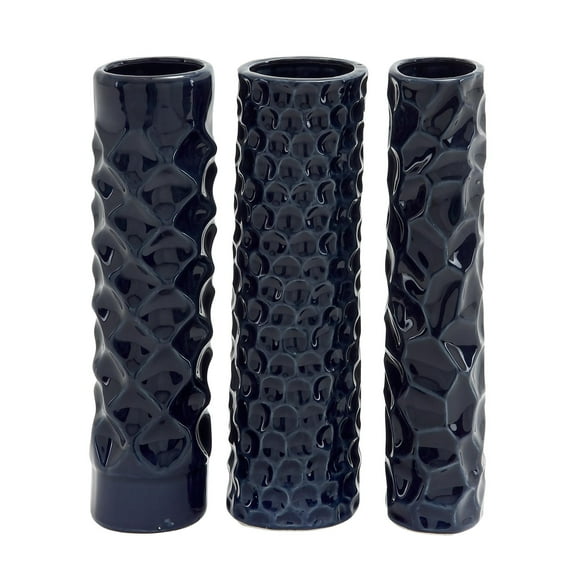 DecMode 3"W, 12"H Dark Blue Ceramic Vase with Varying Patterns, Set of 3