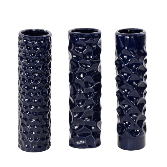 DecMode 3"W, 12"H Dark Blue Ceramic Vase with Varying Patterns, Set of 3