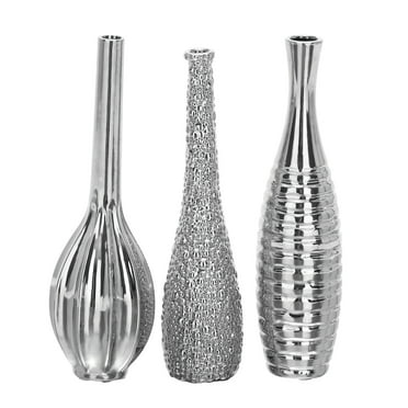 DecMode 3"W, 12"H Slim Textured Bottleneck Silver Ceramic Vase with Varying Patterns, Set of 3