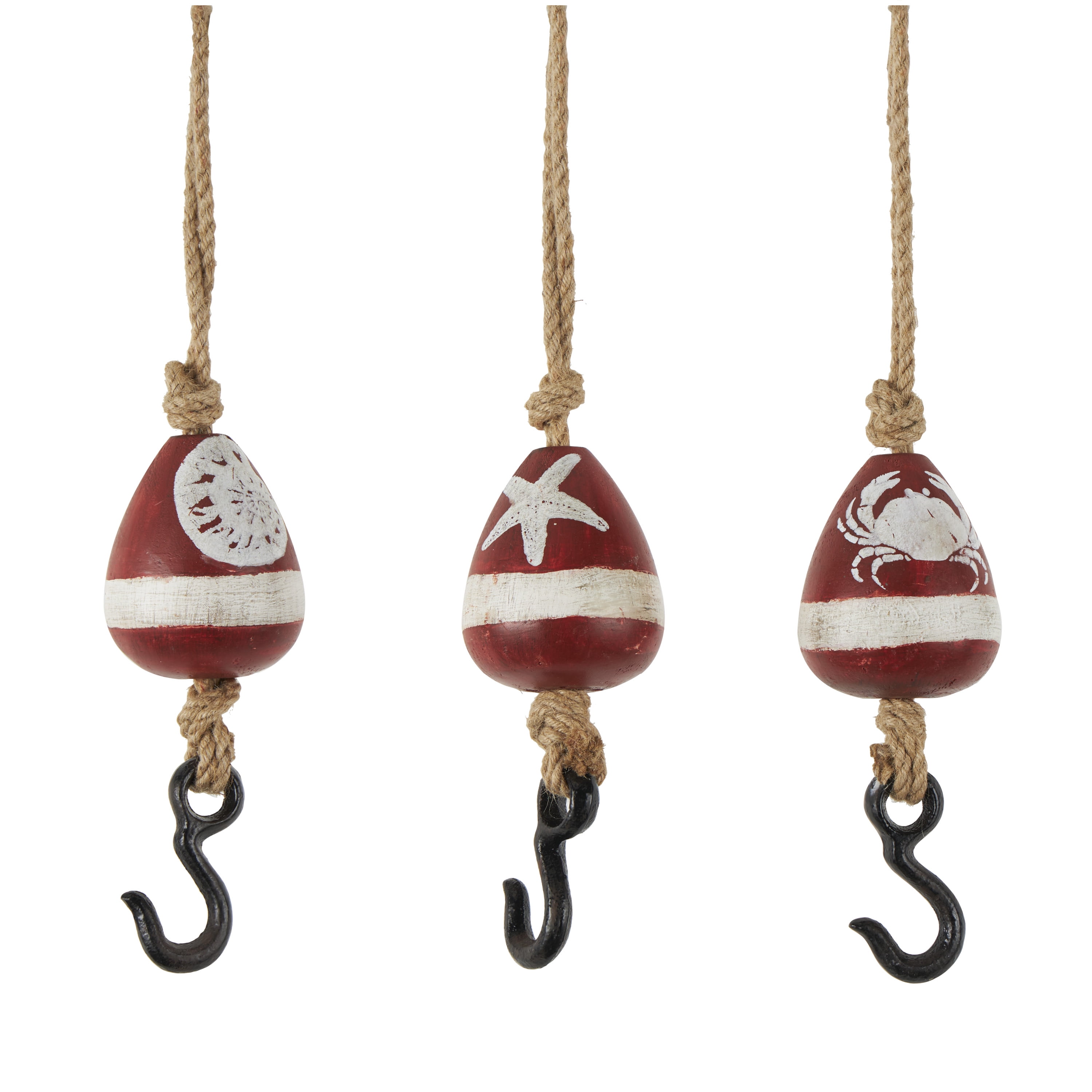 DecMode 3"W, 14"H Red Wood Buoy Wall Hook with Jute Rope and Metal Hook, 3-Pieces