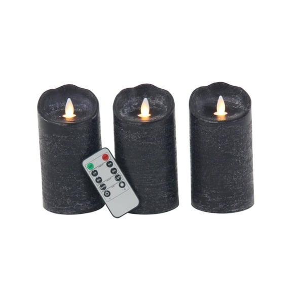 DecMode Black Wax Indoor Outdoor Flameless Candle with Remote Control, Set of 3 3"W, 6"H