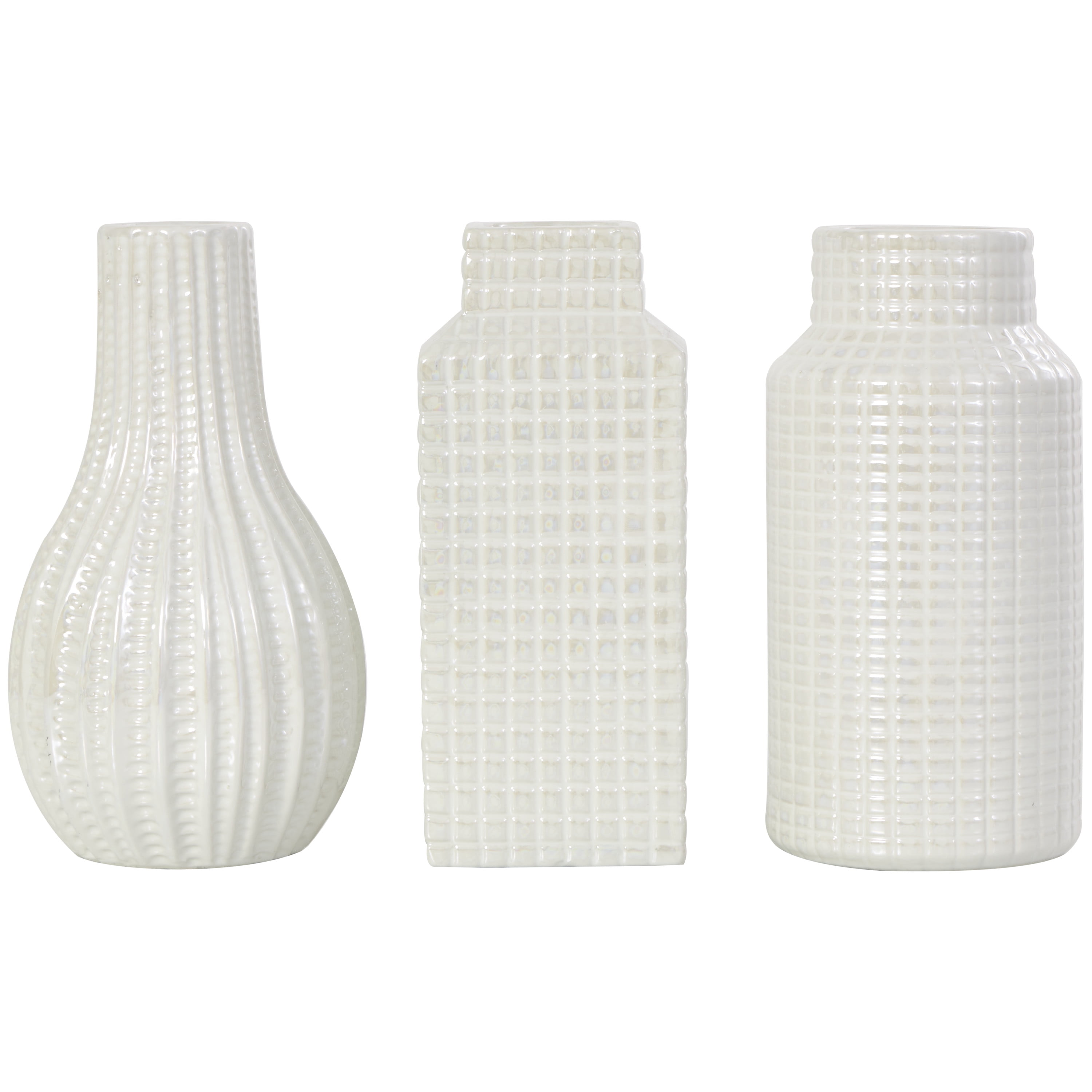 DecMode 3"W, 8"H Geometric Dimensional Textured Cream Ceramic Vase with Varying Shapes and Grid Patterns, Set of 3