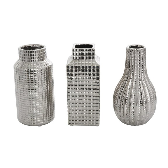 DecMode 3"W, 8"H Geometric Dimensional Textured Silver Ceramic Vase with Varying Shapes and Grid Patterns, Set of 3