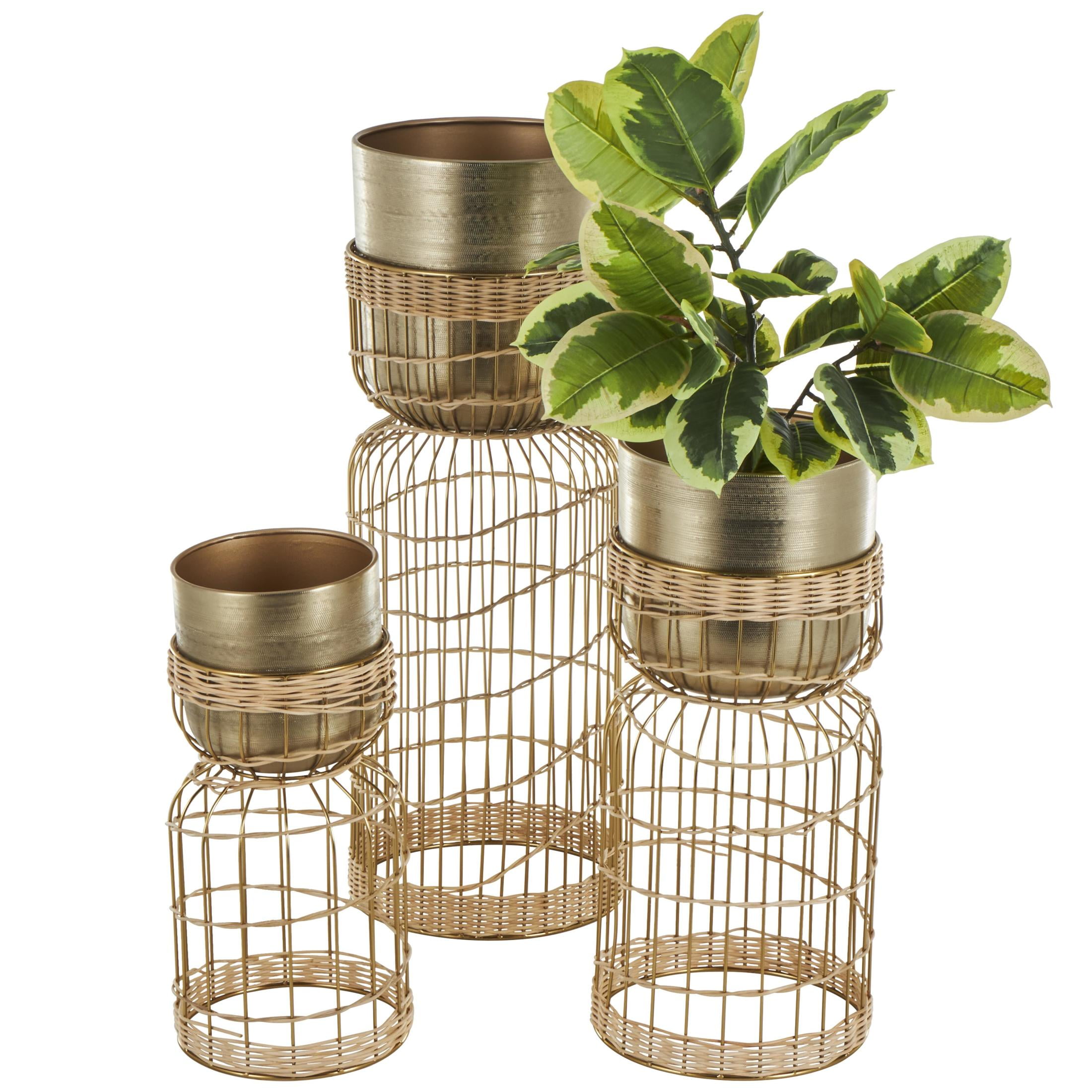 Gold Metal and Woven Rattan Round Planter Set with Pedestal Base