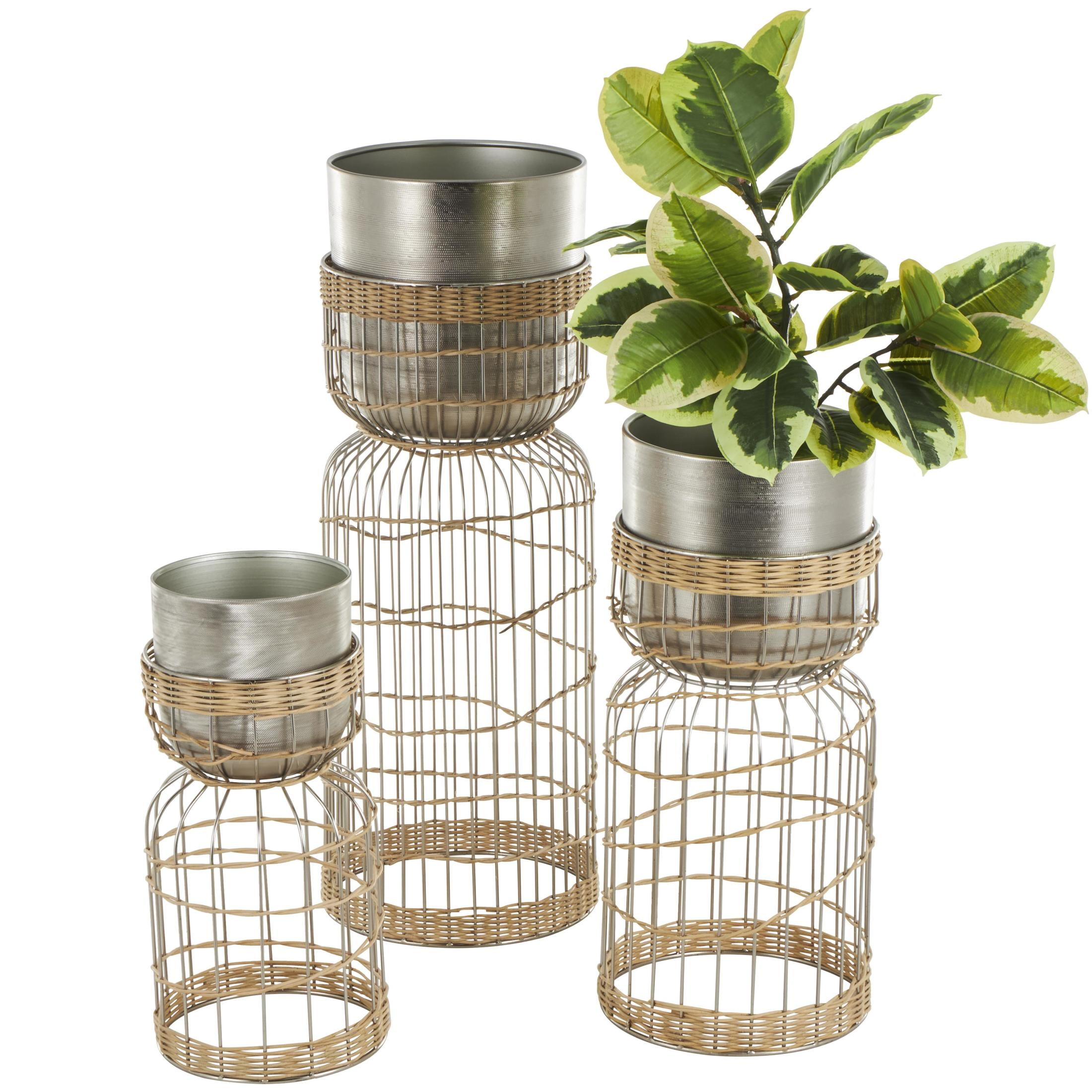 Set of 3 Silver Metal Planters with Woven Rattan Pedestal Base