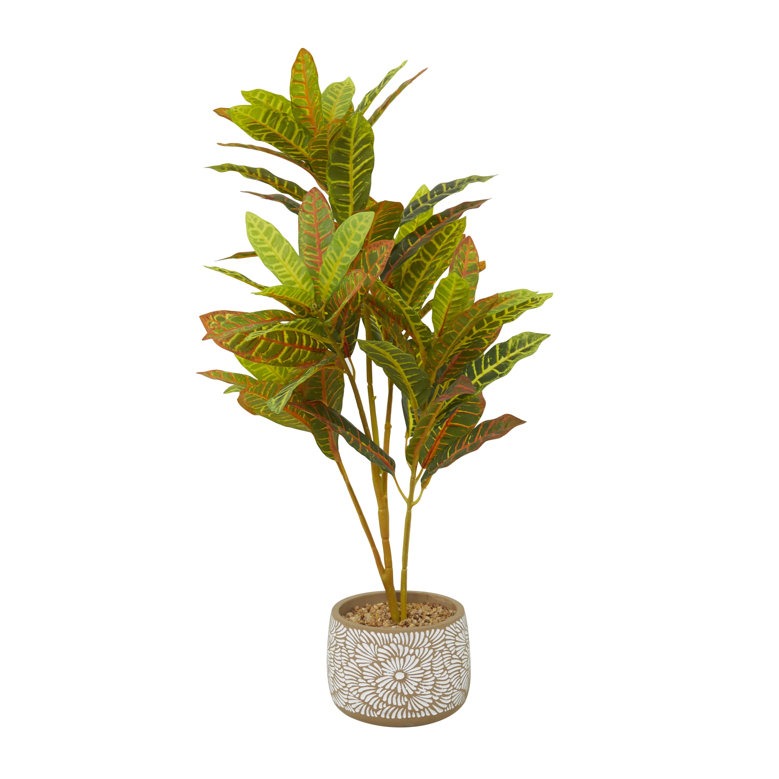 DecMode 30" Artificial Crotons Plant in Realistic Leaves and Floral Patterned Pot