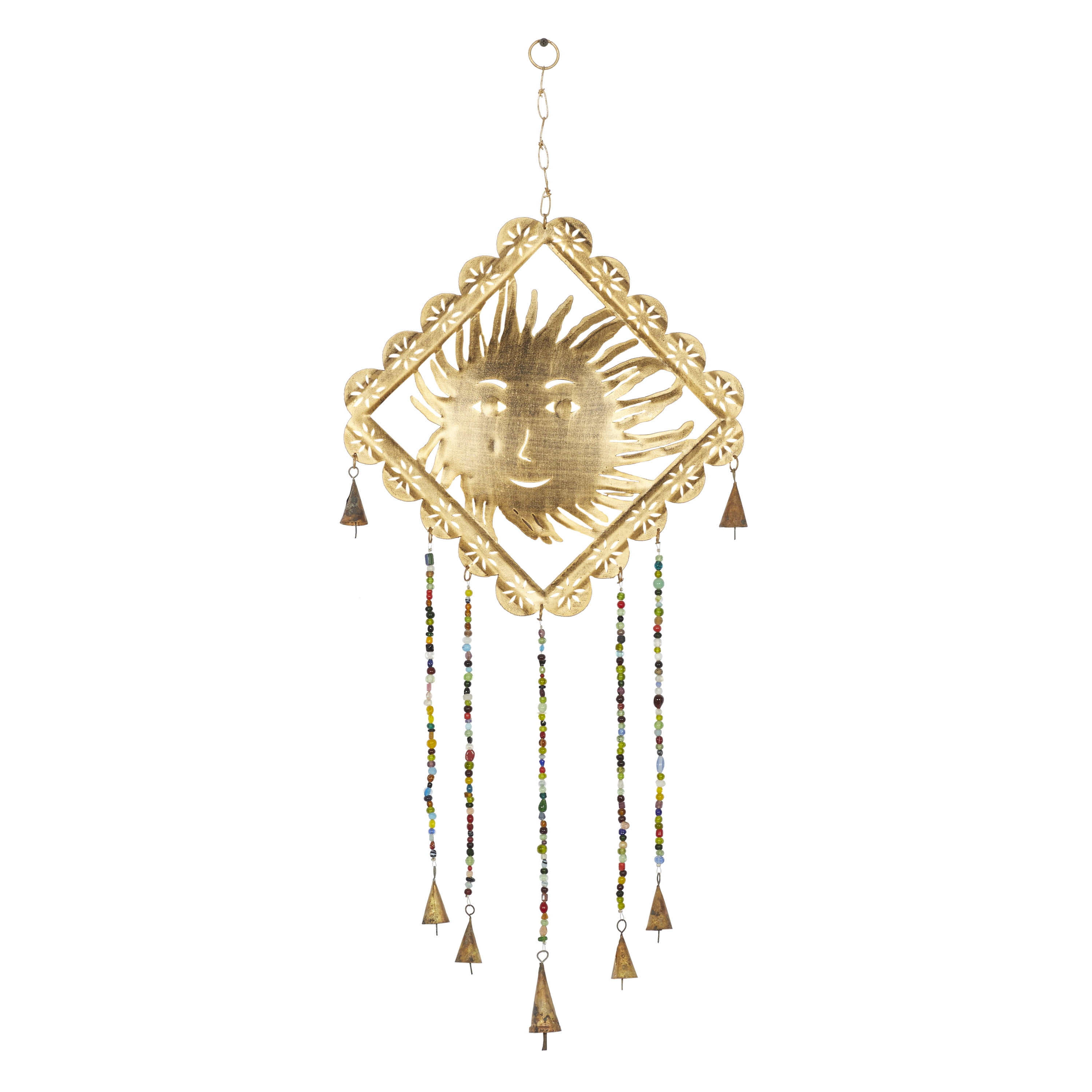 DecMode 30" Gold Metal Sun Windchime with Glass Beads and Cone Bells