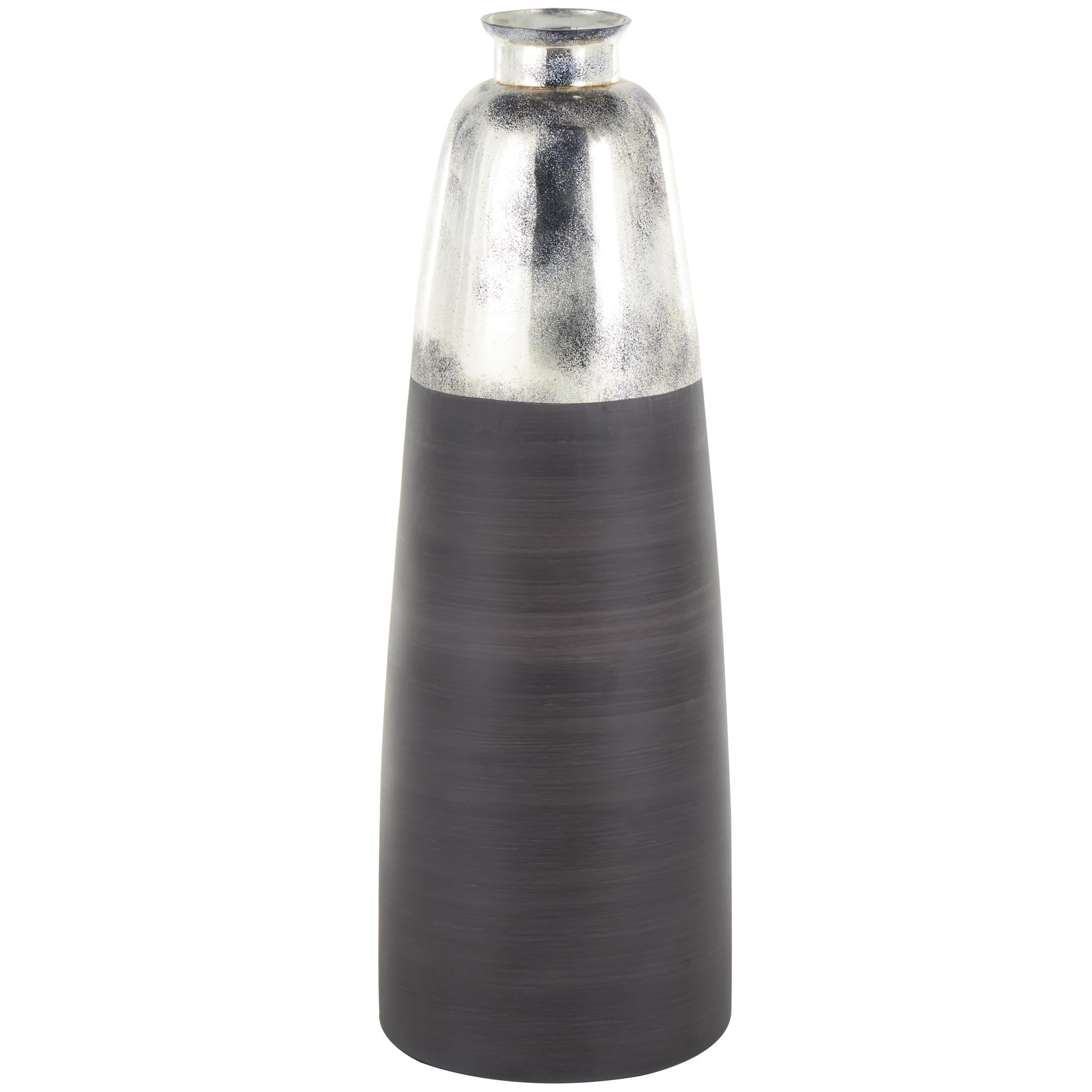 DecMode 30" Tall Brushed Two-Toned Floor Black Glass Vase with Textured Silver Top