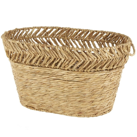DecMode 30" x 17" Brown Seagrass Handmade Large Woven Oval Storage Basket with Zig Zag Patterned Rim, 1-Piece