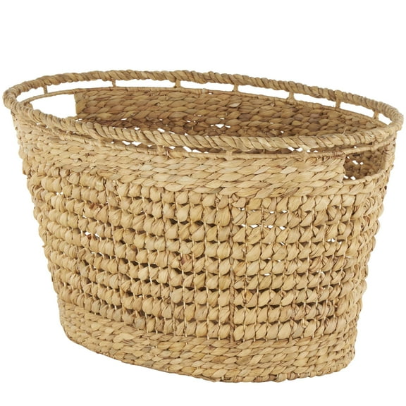 DecMode 30" x 17" Brown Seagrass Handmade Woven Oval Storage Basket with Elevated Rim and Slot Handles, 1-Piece