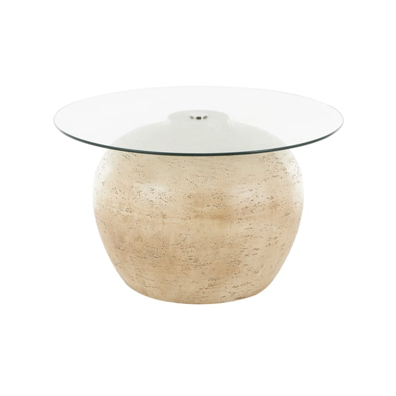 DecMode 30" x 18" Beige Resin Wide Coffee Table with Tempered Glass Tabletop, 1-Piece