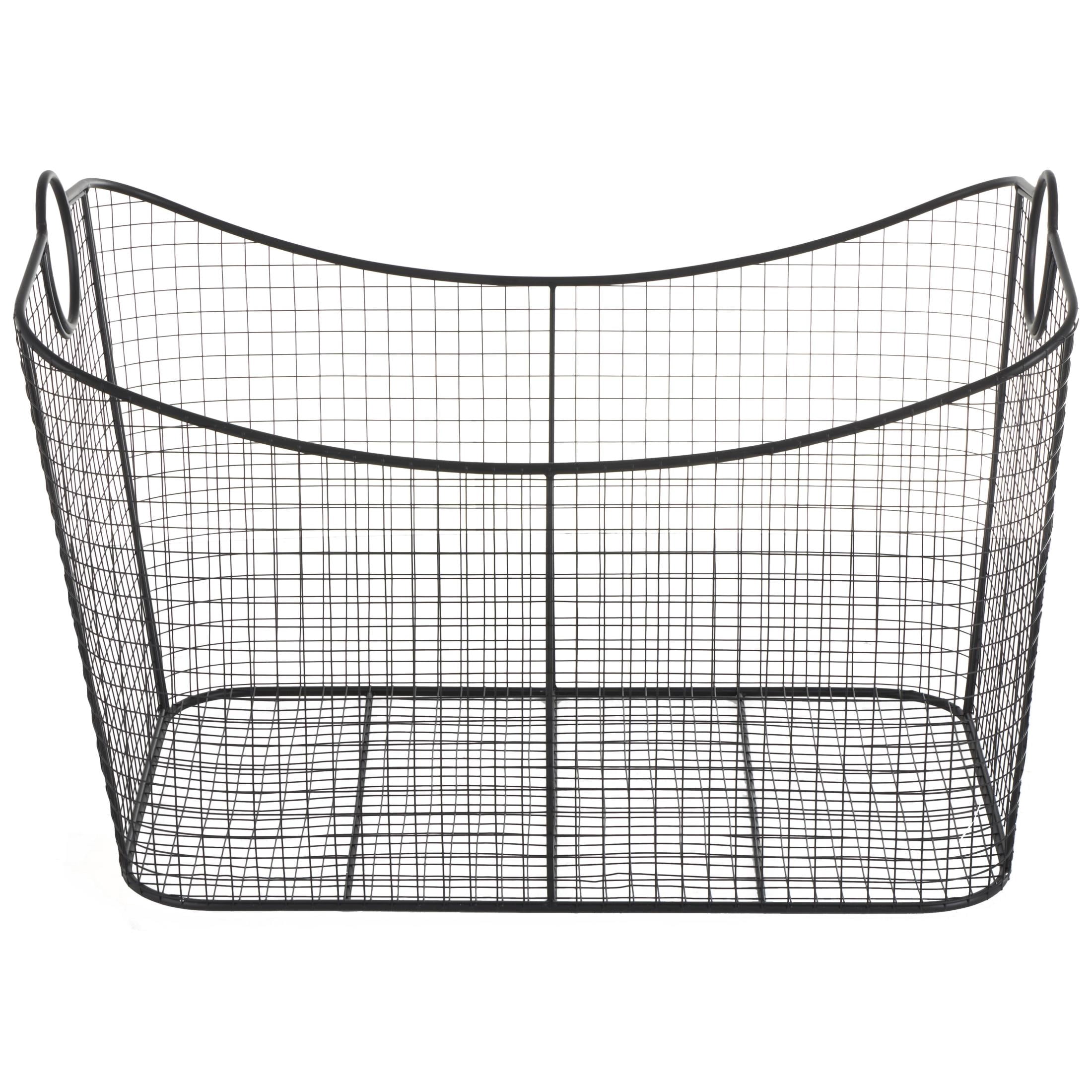 DecMode 30" x 20" Black Metal Large Open Frame Wire Grid Storage Basket with Curved Sides and Ring Handles, 1-Piece