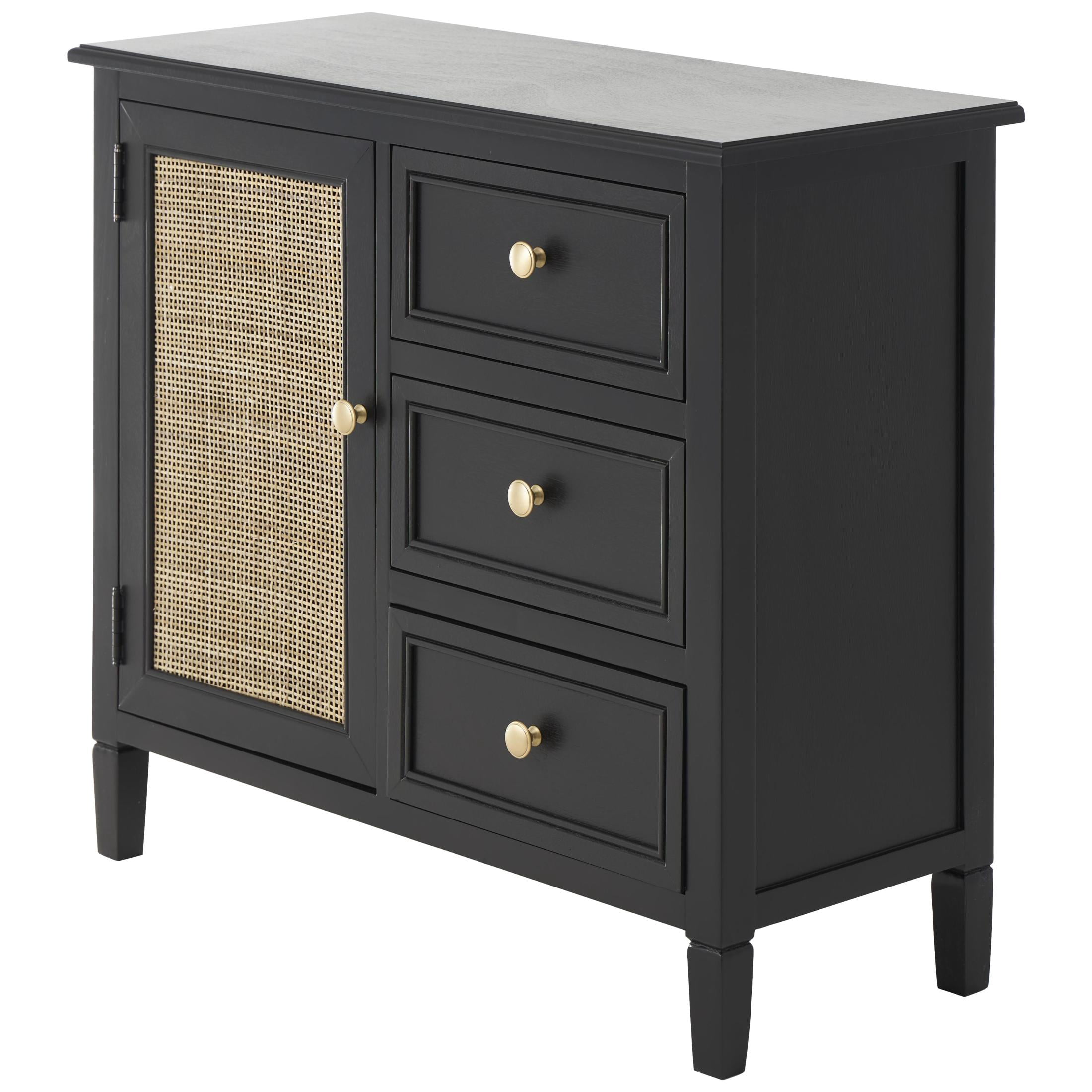 DecMode 30" x 26" Black Wood Handmade 1 Door and 3 Drawers Cabinet with Rattan Front, 1-Piece