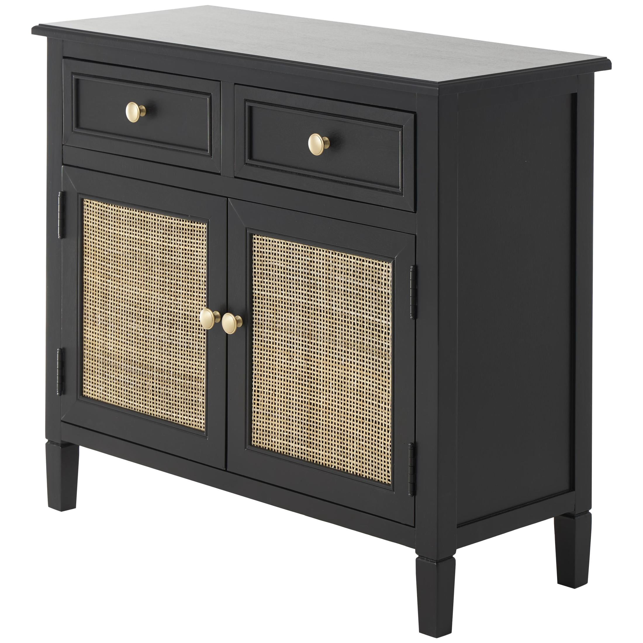 DecMode 30" x 26" Black Wood Handmade 2 Door and 2 Drawer Cabinet with Rattan Front, 1-Piece