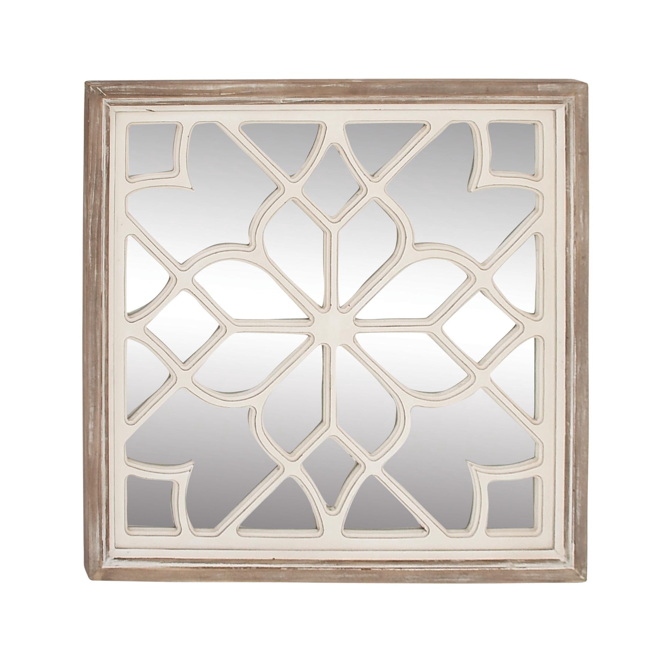 DecMode White Wood Floral Room Wall Mirror with Carved Overlay and Brown Frame, 30" x 1" x 30"