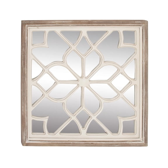 DecMode White Wood Floral Room Wall Mirror with Carved Overlay and Brown Frame, 30" x 1" x 30"