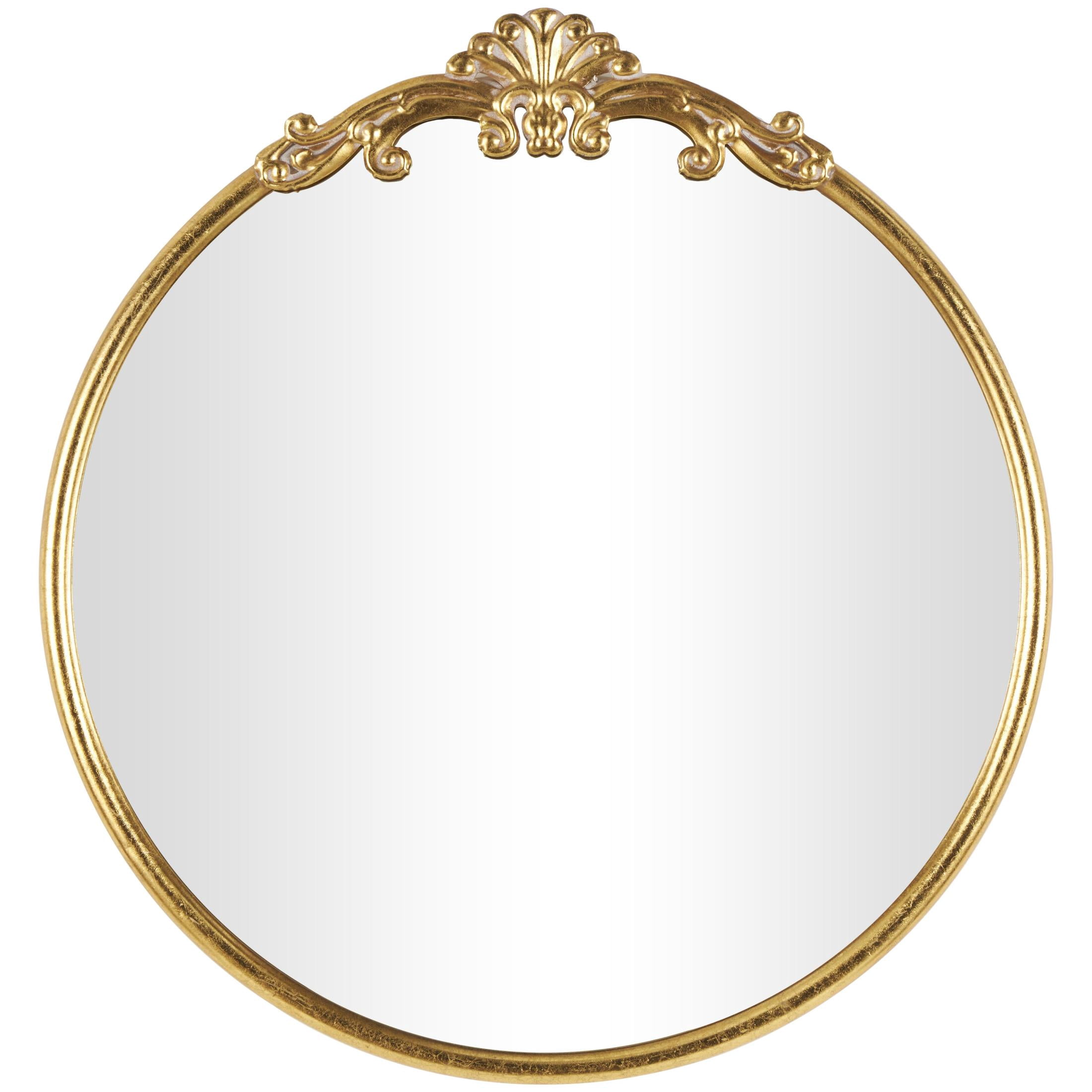 DecMode 30" x 32" Gold Ornate Baroque Round Scroll Wall Mirror