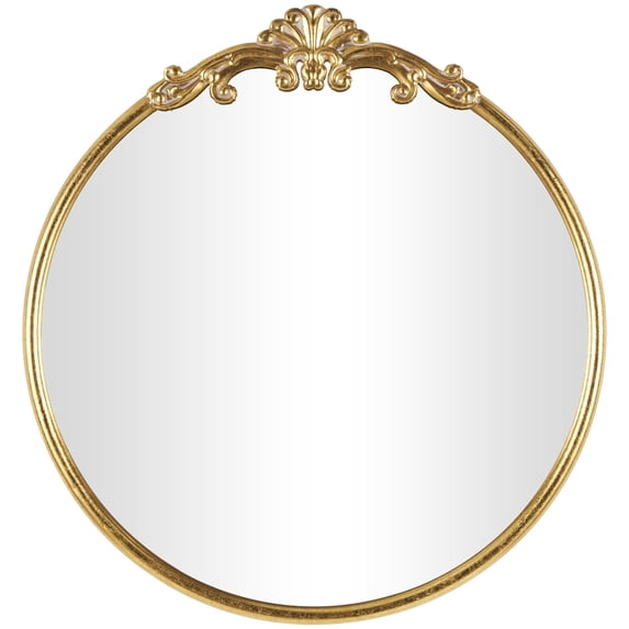 DecMode 30" x 32" Gold Ornate Baroque Round Scroll Wall Mirror