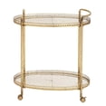 thumbnail image 1 of DecMode 30" x 35" Gold Metal Rolling Oval 2 Shelf Bar Cart with Vintage Inspired Details, 1-Piece, 1 of 12